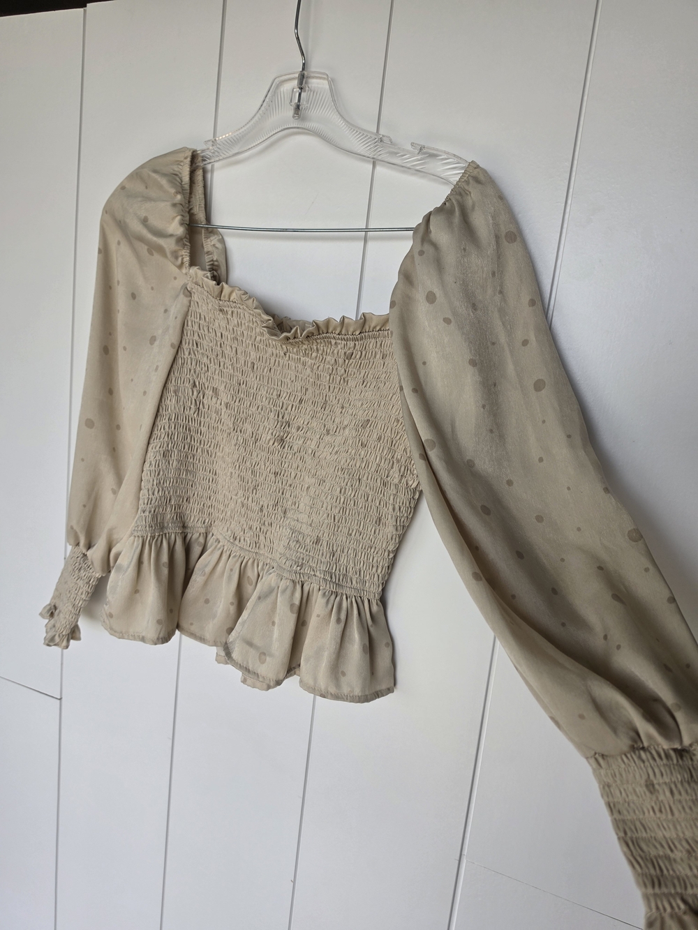 Mine Beige Smocked Square -Neck Polka Dot Peplum Top - Women - Picture 3 of 7